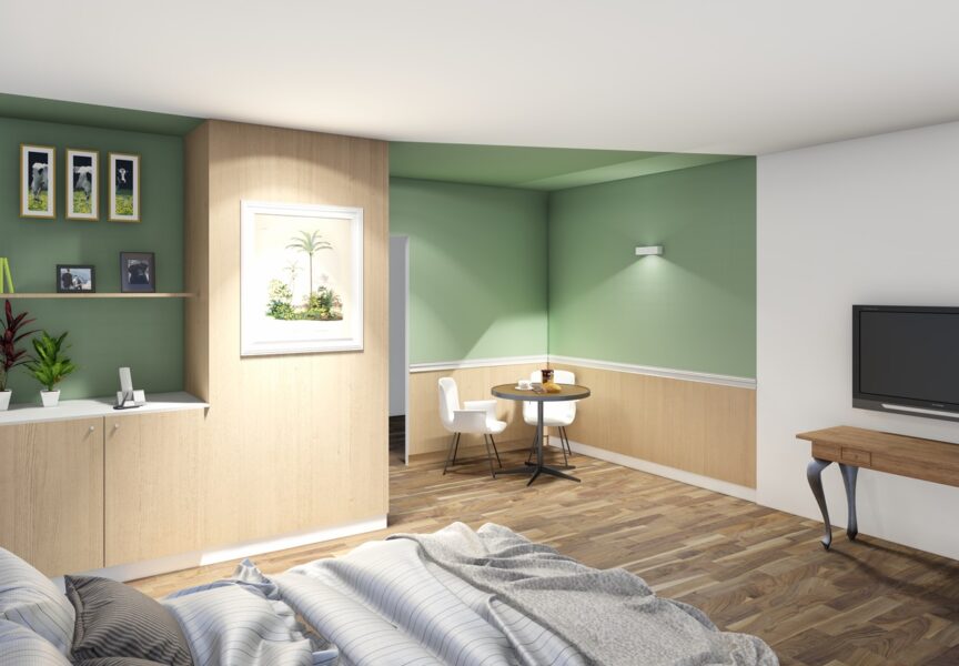 Vue 3D de la pièce de vie d'un appartement rénové de la résidence autonomie du Gouessant. Les couleurs sont épurés, il y a des pans de murs en bois, de jolies lumières tamisées. On y voit des étagères, un meuble télé et sa télé, un cadre, un lit. L'ambiance est douce.