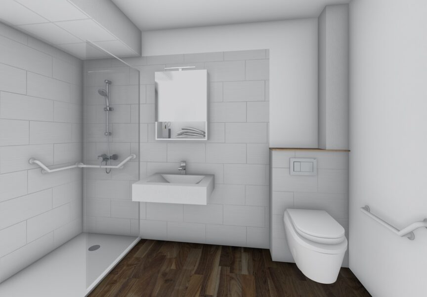 Vue 3D d'une salle de bain rénovée d'un appartement de la résidence autonomie du Gouessant. On y voit une douche style à l'italienne, un évier, miroir et des toilettes. La pièce est équipée de poignées de maintient.